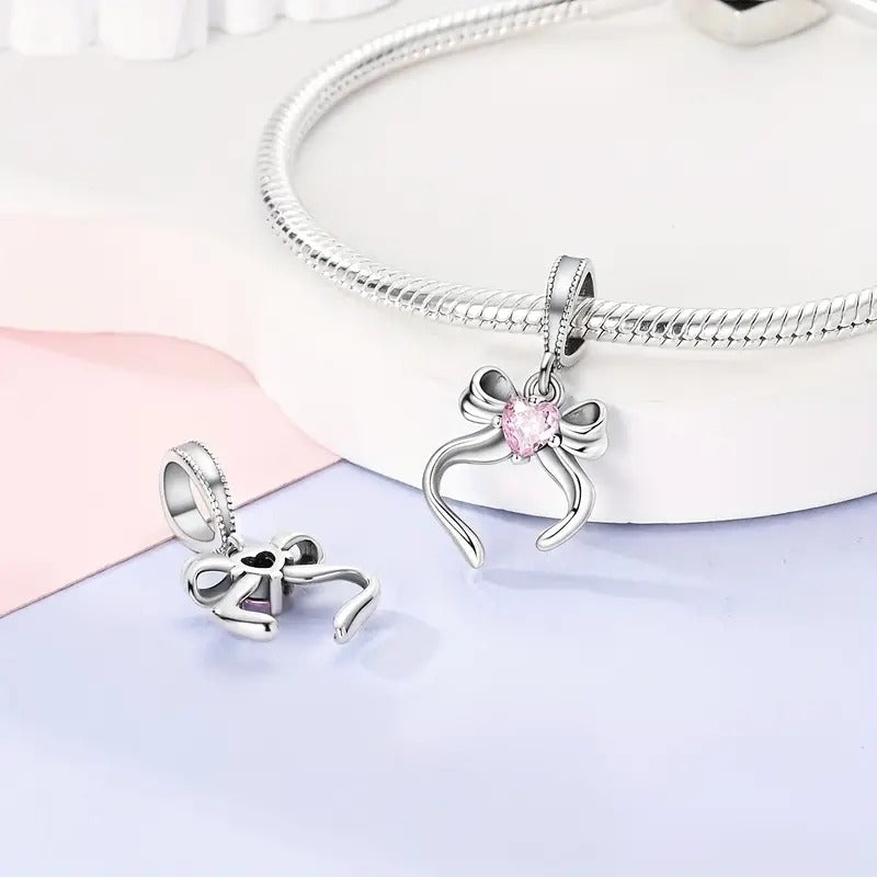 Pink Bow Pendant Sterling Silver Charm Hallmarked S925 for Charm Bracelet and Necklace