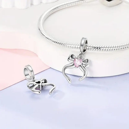 Pink Bow Pendant Sterling Silver Charm Hallmarked S925 for Charm Bracelet and Necklace