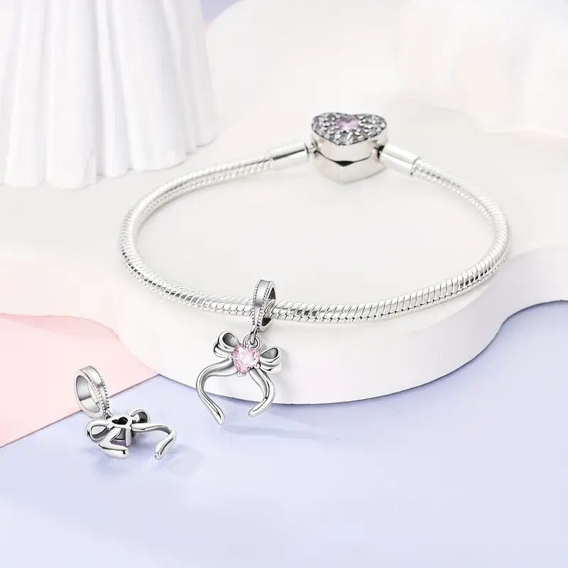 Pink Bow Pendant Sterling Silver Charm Hallmarked S925 for Charm Bracelet and Necklace