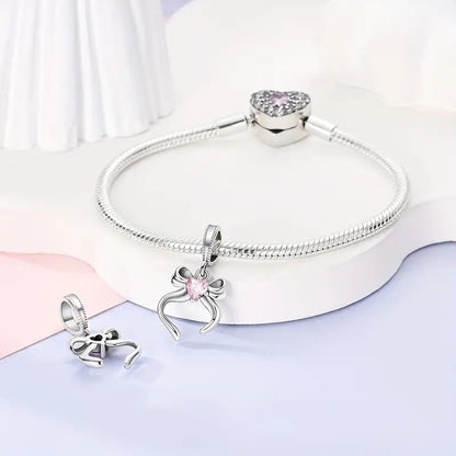 Pink Bow Pendant Sterling Silver Charm Hallmarked S925 for Charm Bracelet and Necklace