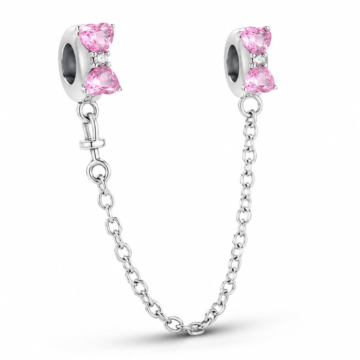 S925 Sterling Silver Pink Bow Safety Chain Charm for Bracelets