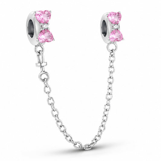 S925 Sterling Silver Pink Bow Safety Chain Charm for Bracelets