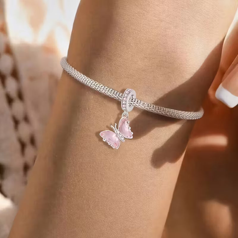 Pink Butterfly Sterling Silver Charm Hallmarked S925 for Charm Bracelet and Necklace