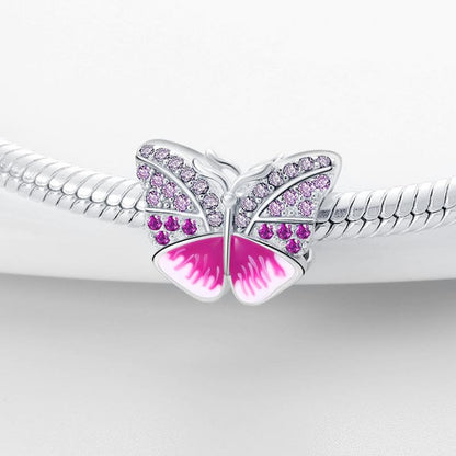 Pink Butterfly Bead Sterling Silver Charm Hallmarked S925 for Charm Bracelet and Necklace