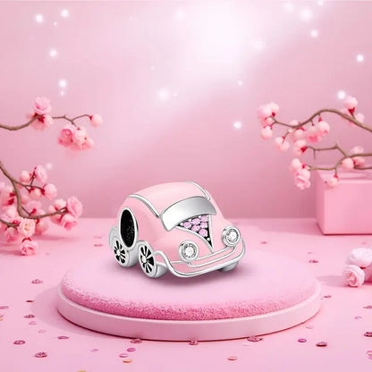 Pink Car Bead Sterling Silver Charm Hallmarked S925 for Charm Bracelet and Necklace