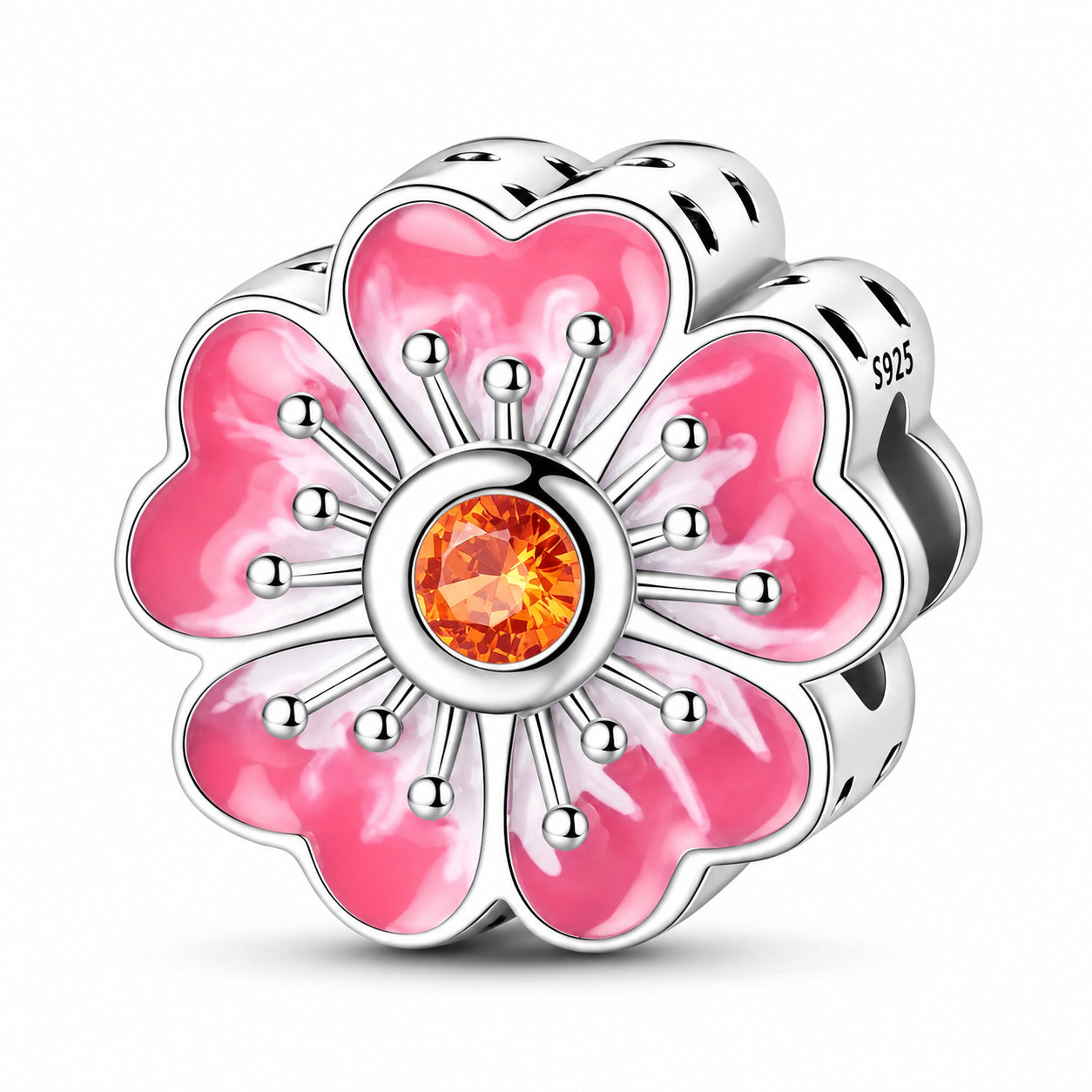 Pink Cherry Blossom Bead Charm Hallmarked S925 for Charm Bracelet and Necklace