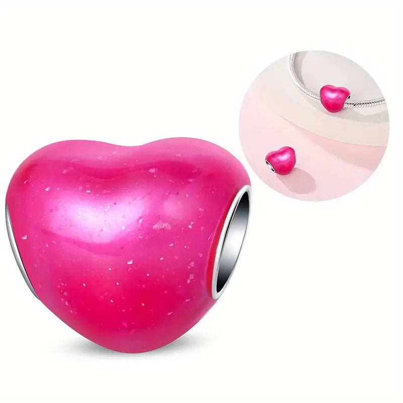 Pink Heart Bead Sterling Silver Charm Hallmarked S925 for Charm Bracelet and Necklace