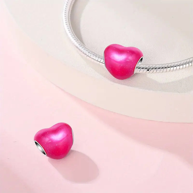 Pink Heart Bead Sterling Silver Charm Hallmarked S925 for Charm Bracelet and Necklace