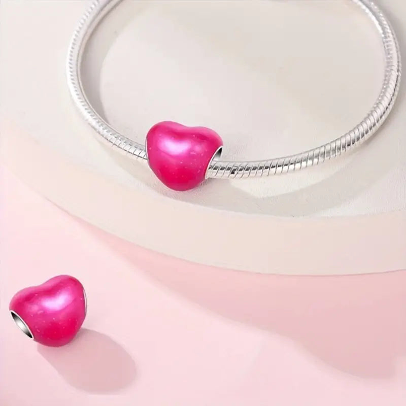 Pink Heart Bead Sterling Silver Charm Hallmarked S925 for Charm Bracelet and Necklace