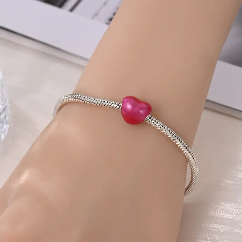 Pink Heart Bead Sterling Silver Charm Hallmarked S925 for Charm Bracelet and Necklace