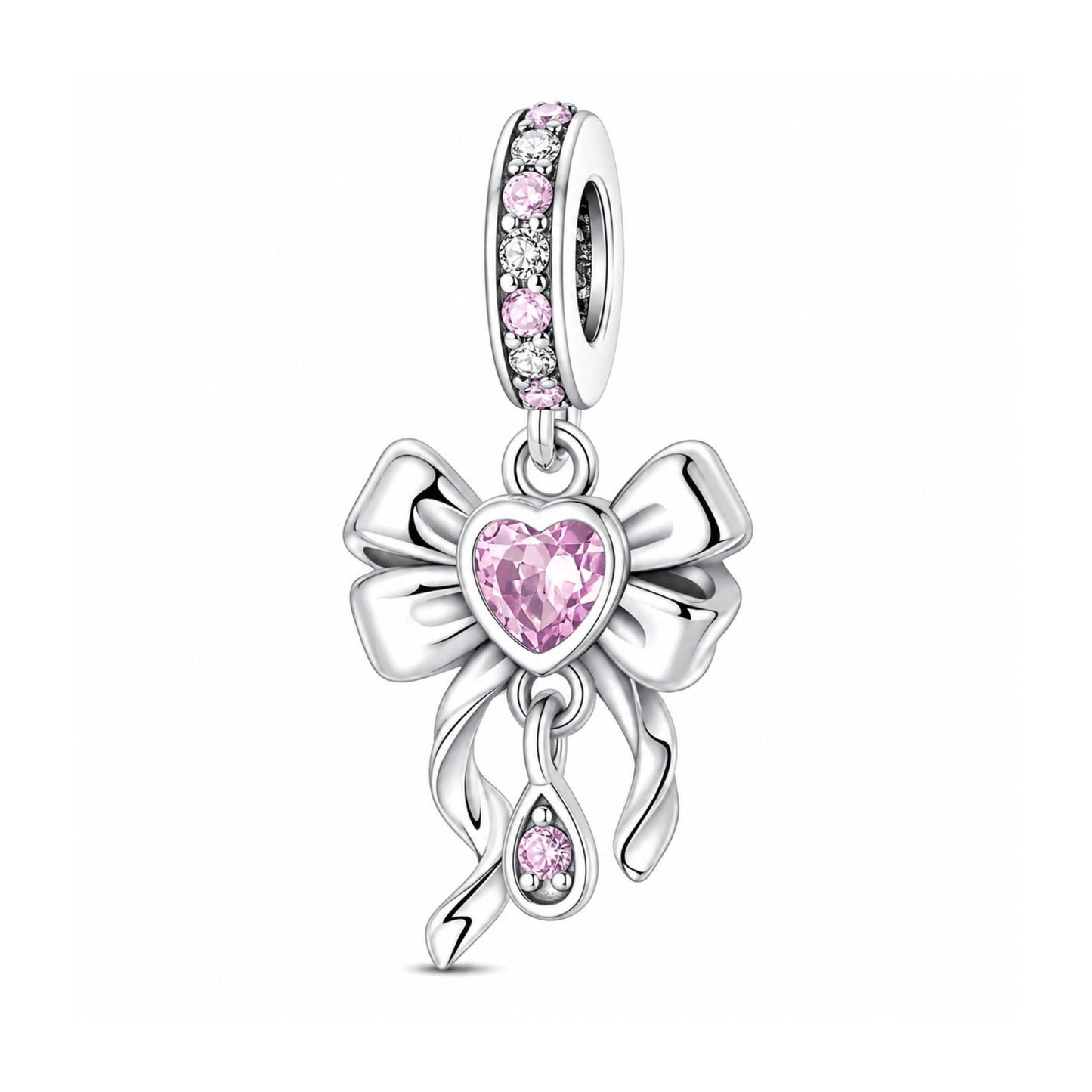 Pink Heart Bow Pendant Charm Hallmarked S925 for Charm Bracelet and Necklace