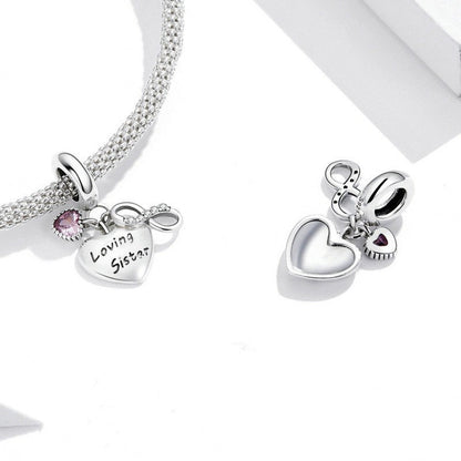 Pink Heart Infinite Loving Sister Family Pendant Sterling Silver Charm Hallmarked S925 for Charm Bracelet and Necklace