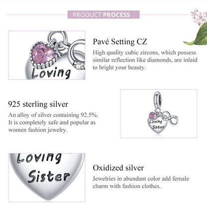 Pink Heart Infinite Loving Sister Family Pendant Sterling Silver Charm Hallmarked S925 for Charm Bracelet and Necklace