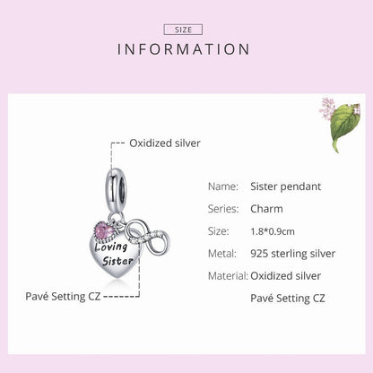 Pink Heart Infinite Loving Sister Family Pendant Sterling Silver Charm Hallmarked S925 for Charm Bracelet and Necklace