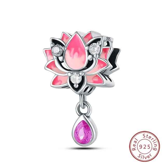 Pink Lotus Flower Charm for Bracelet, S925 Sterling Silver