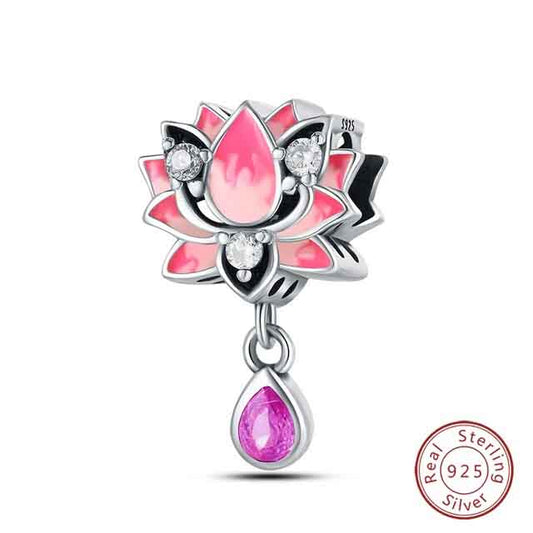 Pink Lotus Flower Charm for Bracelet, S925 Sterling Silver