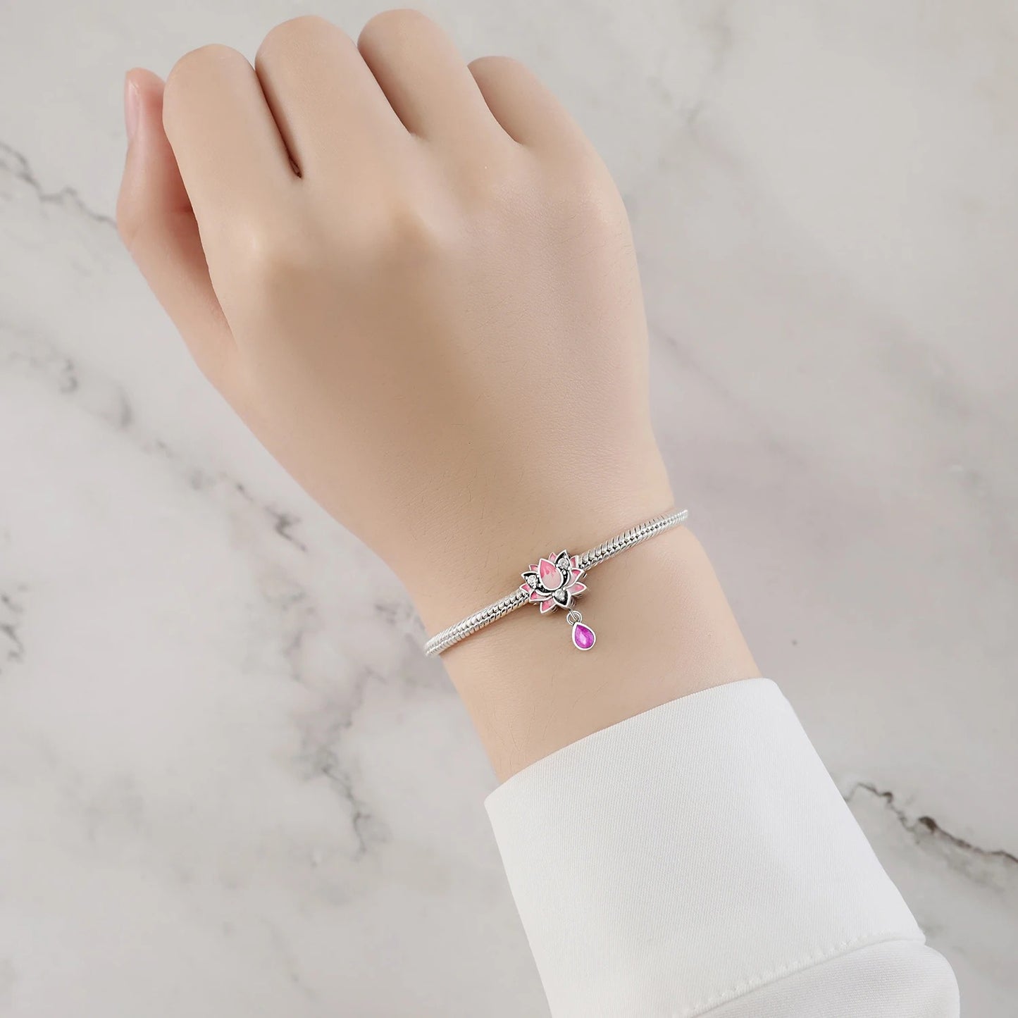 Pink Lotus Flower Charm for Bracelet, S925 Sterling Silver