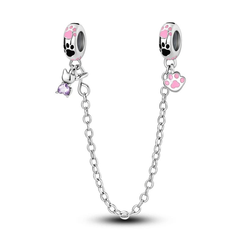 Pink Paw Print Cat Safety Chain Charm Sterling Silver Charm Hallmarked S925 for Charm Bracelet and Necklace