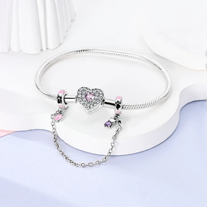 Pink Paw Print Cat Safety Chain Charm Sterling Silver Charm Hallmarked S925 for Charm Bracelet and Necklace