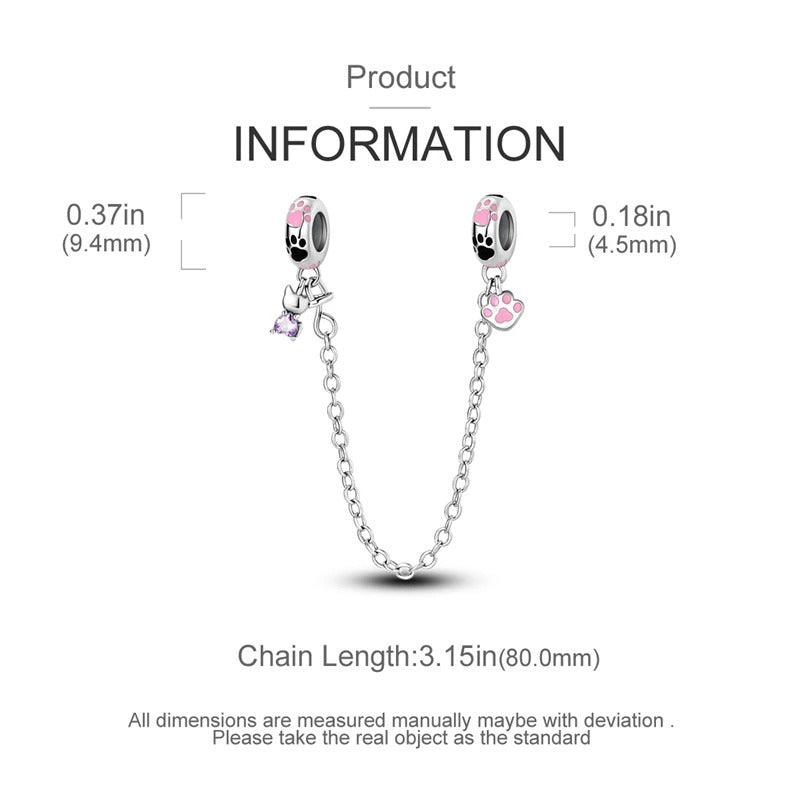Pink Paw Print Cat Safety Chain Charm Sterling Silver Charm Hallmarked S925 for Charm Bracelet and Necklace