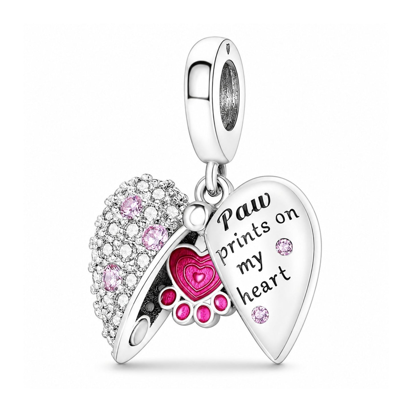 Pink Paw Print Locket Heart Charm Hallmarked S925 for Charm Bracelet and Necklace