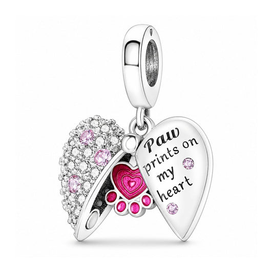 Pink Paw Print Locket Heart Charm Hallmarked S925 for Charm Bracelet and Necklace