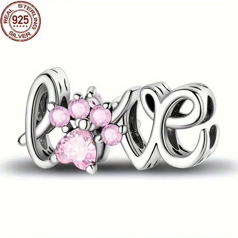 Pink Paw Print Love Script Sterling Silver Charm Hallmarked S925 for Charm Bracelet and Necklace
