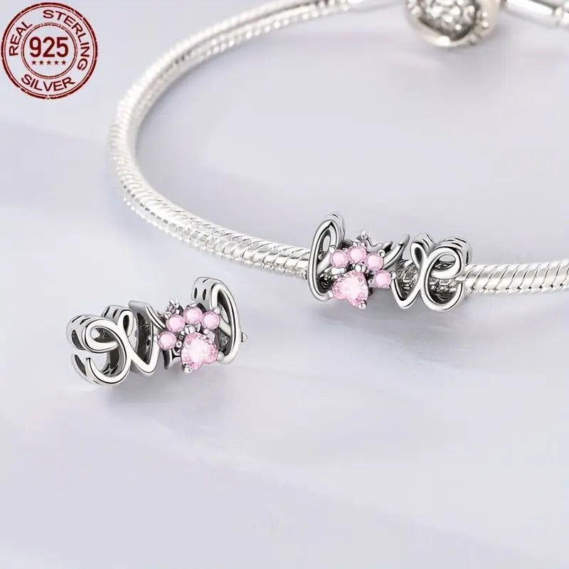 Pink Paw Print Love Script Sterling Silver Charm Hallmarked S925 for Charm Bracelet and Necklace