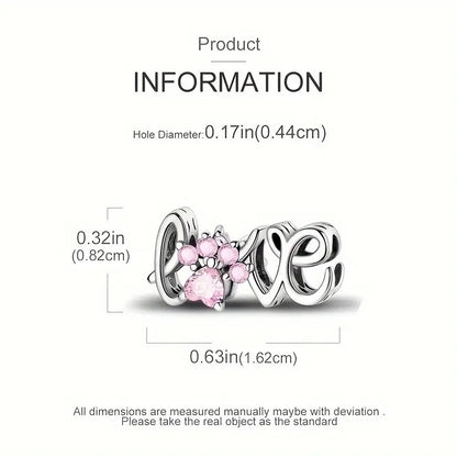 Pink Paw Print Love Script Sterling Silver Charm Hallmarked S925 for Charm Bracelet and Necklace
