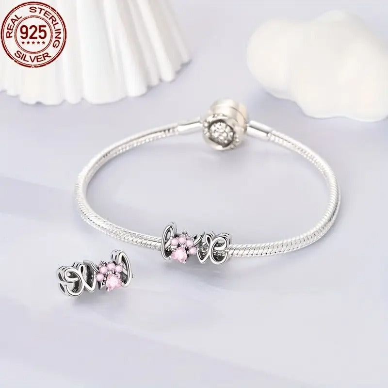 Pink Paw Print Love Script Sterling Silver Charm Hallmarked S925 for Charm Bracelet and Necklace