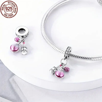 Pink Perfume & Lipstick Sterling Silver Charm Hallmarked S925 for Charm Bracelet and Necklace