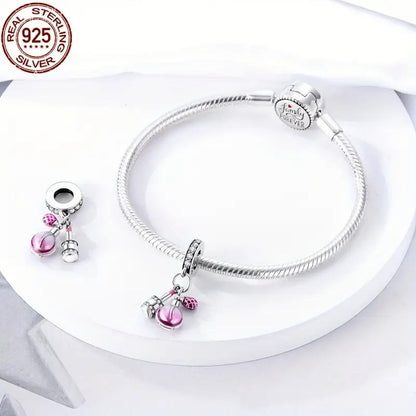 Pink Perfume & Lipstick Sterling Silver Charm Hallmarked S925 for Charm Bracelet and Necklace