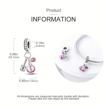 Pink Perfume & Lipstick Sterling Silver Charm Hallmarked S925 for Charm Bracelet and Necklace
