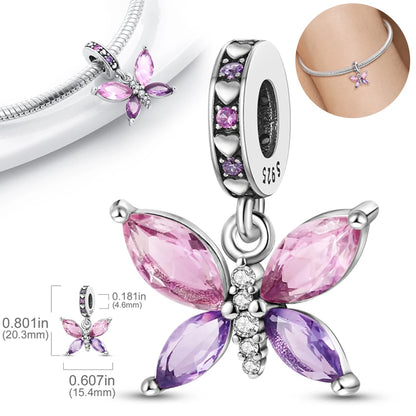Pink Purple CZ Crystal Butterfly Dangle Sterling Silver Charm Hallmarked S925 for Charm Bracelet and Necklace