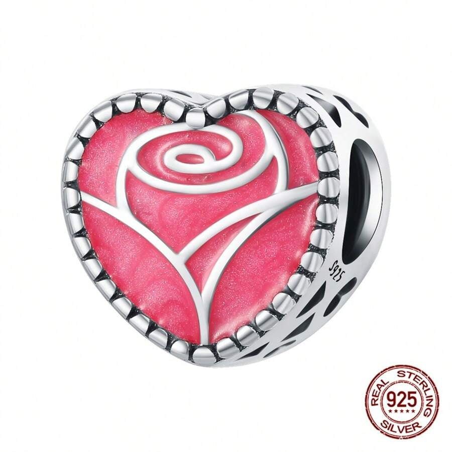 Pink Rose Flower Heart Charm for Bracelet, S925 Sterling Silver