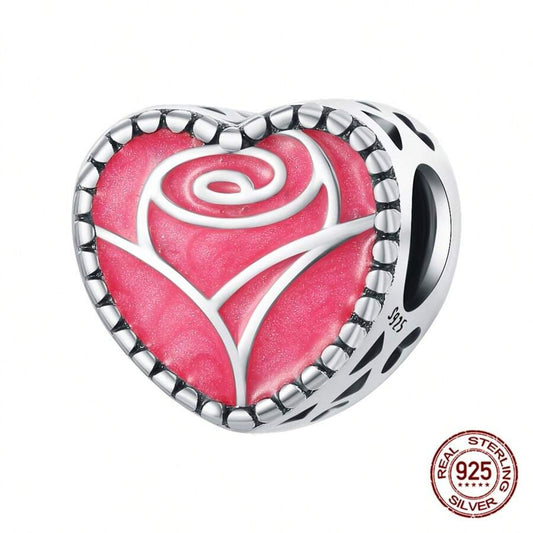Pink Rose Flower Heart Charm for Bracelet, S925 Sterling Silver
