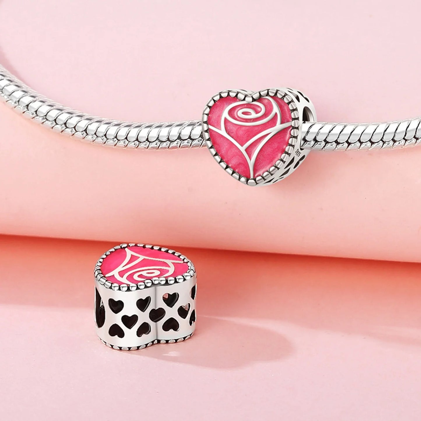 Pink Rose Flower Heart Charm for Bracelet, S925 Sterling Silver