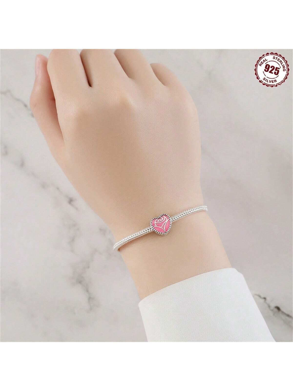 Pink Rose Flower Heart Charm for Bracelet, S925 Sterling Silver