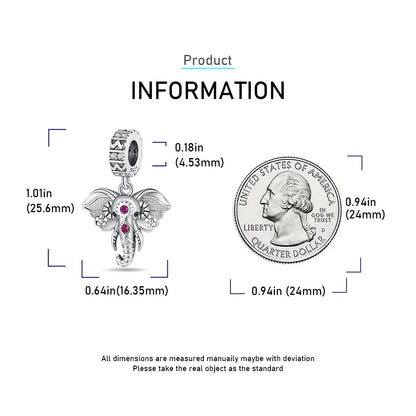 Pink Stone Elephant Dangle Sterling Silver Charm Hallmarked S925 for Charm Bracelet and Necklace