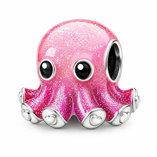 Pink Baby Octopus Sterling Silver Charm Hallmarked S925 for Charm Bracelet and Necklace