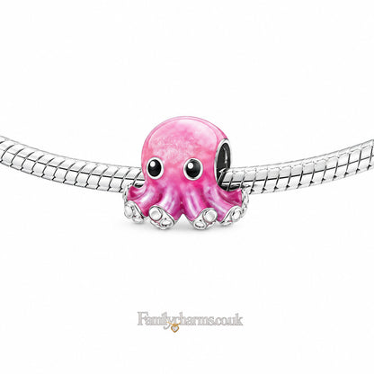 Pink Baby Octopus Sterling Silver Charm Hallmarked S925 for Charm Bracelet and Necklace