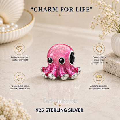 Pink Baby Octopus Sterling Silver Charm Hallmarked S925 for Charm Bracelet and Necklace