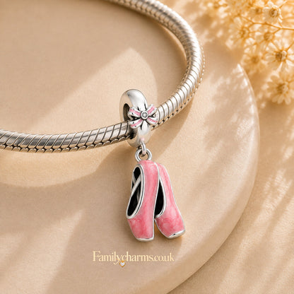 Pink Ballet Shoes Sterling Silver Charm Hallmarked S925 for Charm Bracelet and Necklace