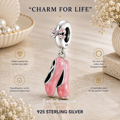 Pink Ballet Shoes Sterling Silver Charm Hallmarked S925 for Charm Bracelet and Necklace