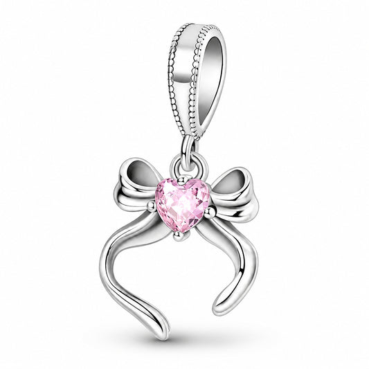 Pink Bow Pendant Sterling Silver Charm Hallmarked S925 for Charm Bracelet and Necklace