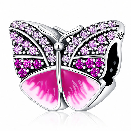 Pink Butterfly Bead Sterling Silver Charm Hallmarked S925 for Charm Bracelet and Necklace