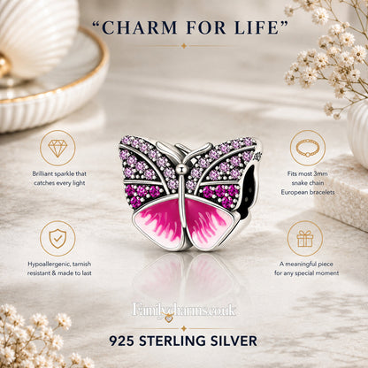 Pink Butterfly Bead Sterling Silver Charm Hallmarked S925 for Charm Bracelet and Necklace