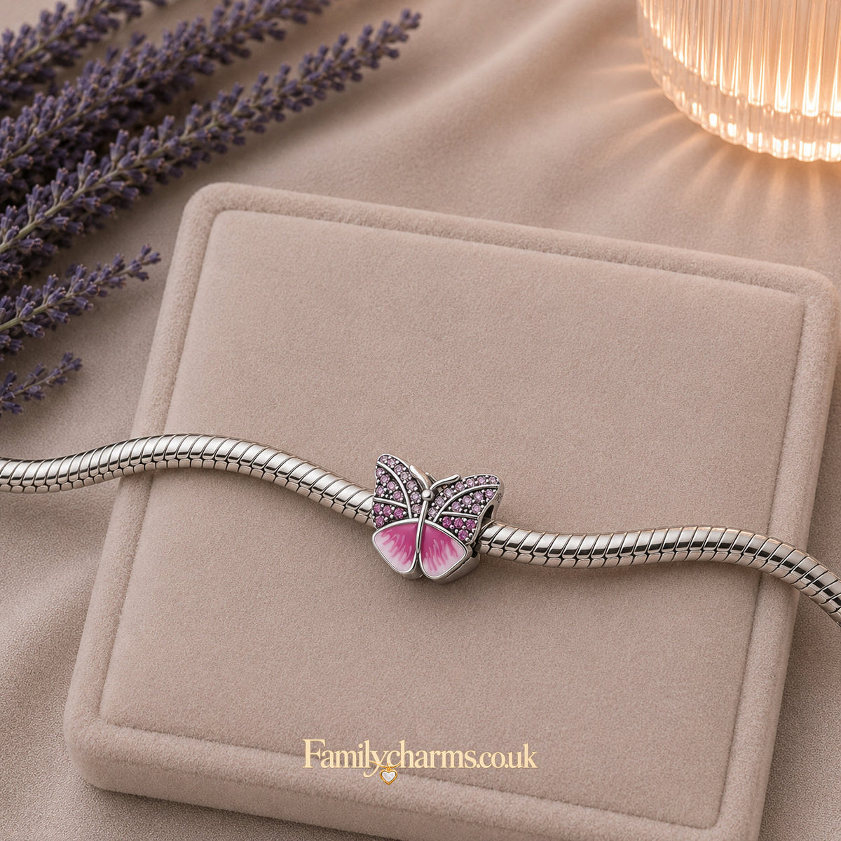 Pink Butterfly Bead Sterling Silver Charm Hallmarked S925 for Charm Bracelet and Necklace
