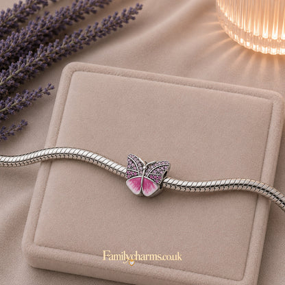 Pink Butterfly Bead Sterling Silver Charm Hallmarked S925 for Charm Bracelet and Necklace