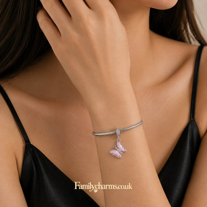 Pink Butterfly Sterling Silver Charm Hallmarked S925 for Charm Bracelet and Necklace